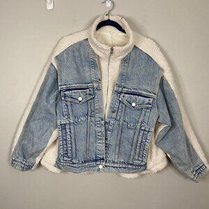 AEMI + Co Doro Denim Jacket Sherpa washed denim Size M Boutiques Boho Relaxed Fi